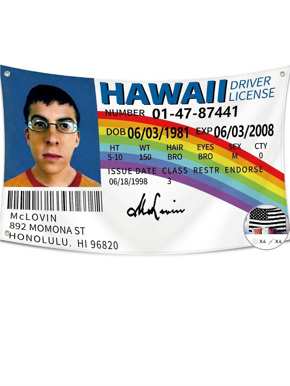 Amazon Rainbow Hawaii Driver License Novelty Banner - Blue, White, Rainbow